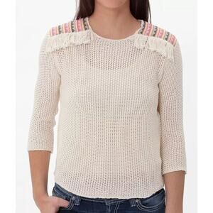Billabong Sandy Kisses Women's M Boho Aztec Fringe Open Knit Crop Sweater, Beige
